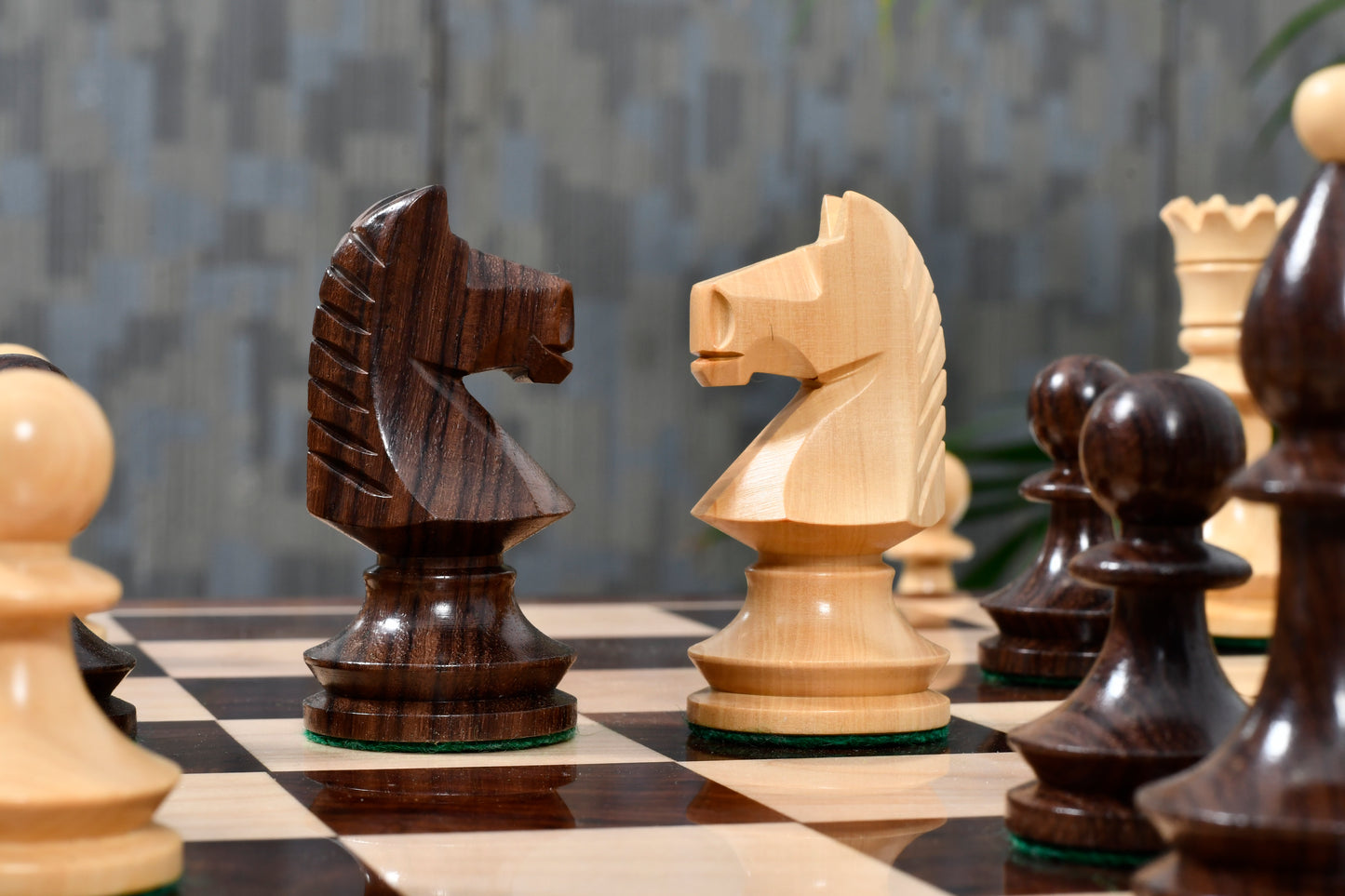 Combo of Reproduced Romanian-Hungarian National Tournament Weighted Chess Pieces in Indian Rosewood & Natural Boxwood - 3.8" King with Wooden Chess Board