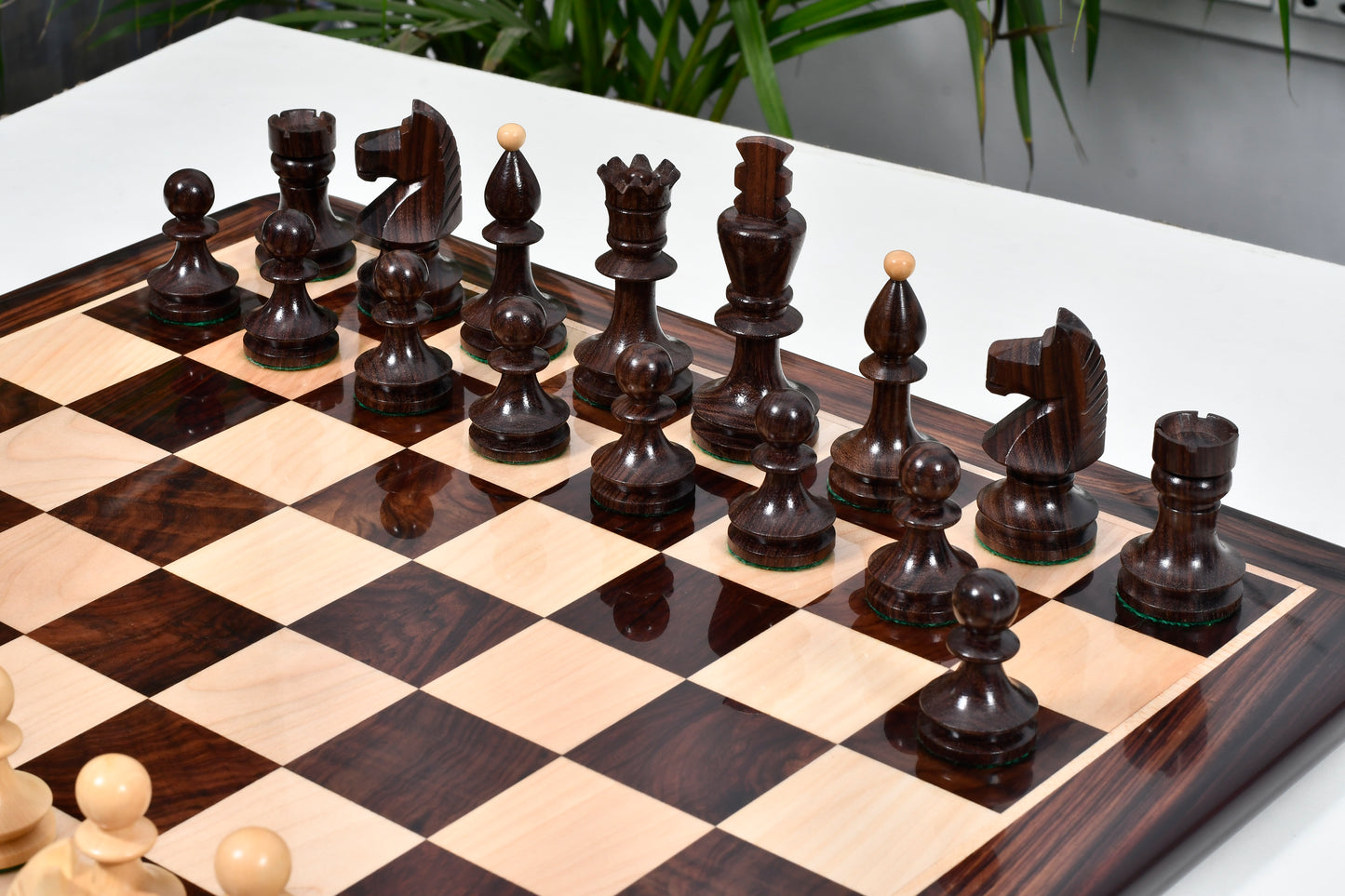 Combo of Reproduced Romanian-Hungarian National Tournament Weighted Chess Pieces in Indian Rosewood & Natural Boxwood - 3.8" King with Wooden Chess Board