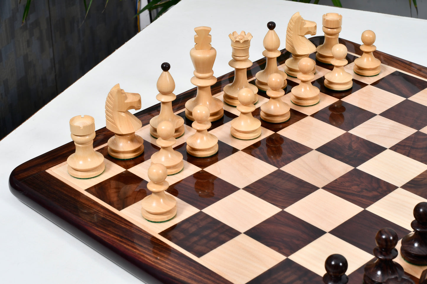 Combo of Reproduced Romanian-Hungarian National Tournament Weighted Chess Pieces in Indian Rosewood & Natural Boxwood - 3.8" King with Wooden Chess Board