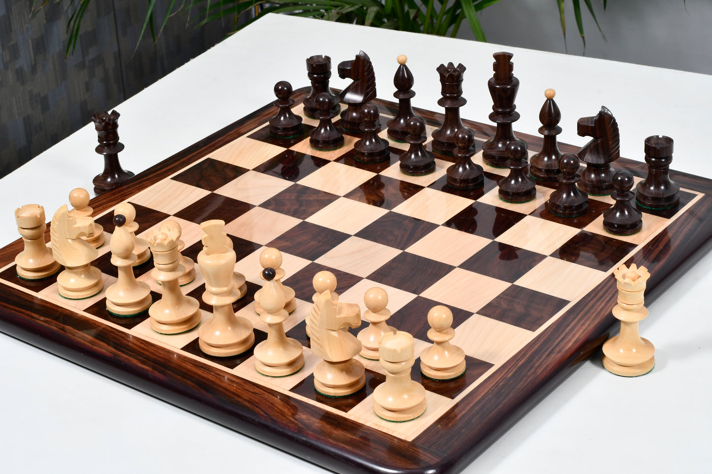 Combo of Reproduced Romanian-Hungarian National Tournament Weighted Chess Pieces in Indian Rosewood & Natural Boxwood - 3.8" King with Wooden Chess Board