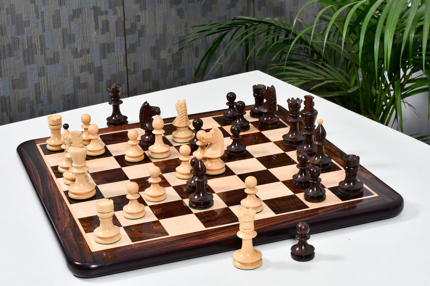 Combo of Reproduced Romanian-Hungarian National Tournament Weighted Chess Pieces in Indian Rosewood & Natural Boxwood - 3.8" King with Wooden Chess Board