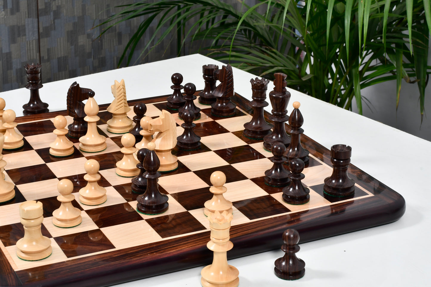 Combo of Reproduced Romanian-Hungarian National Tournament Weighted Chess Pieces in Indian Rosewood & Natural Boxwood - 3.8" King with Wooden Chess Board