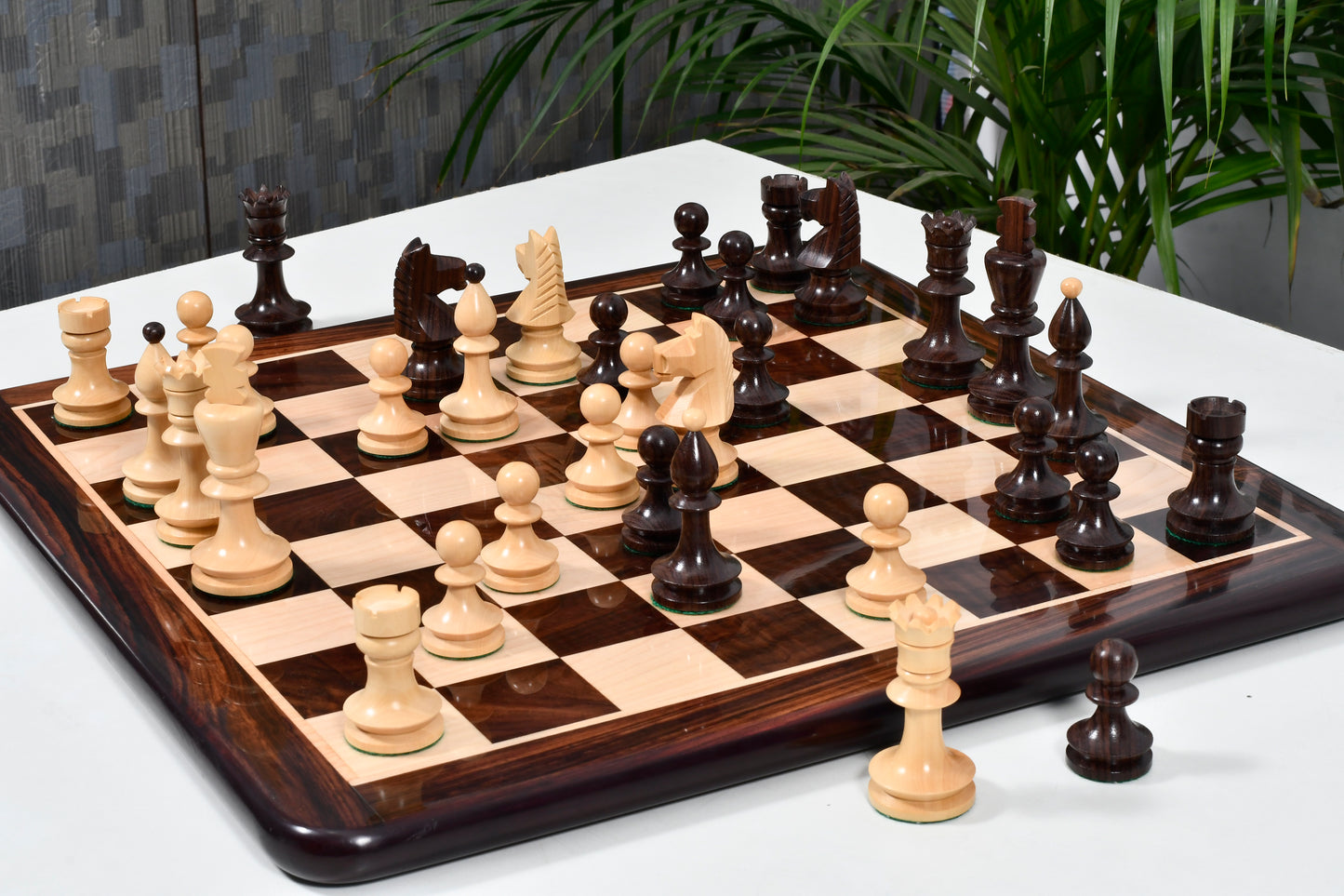 Combo of Reproduced Romanian-Hungarian National Tournament Weighted Chess Pieces in Indian Rosewood & Natural Boxwood - 3.8" King with Wooden Chess Board