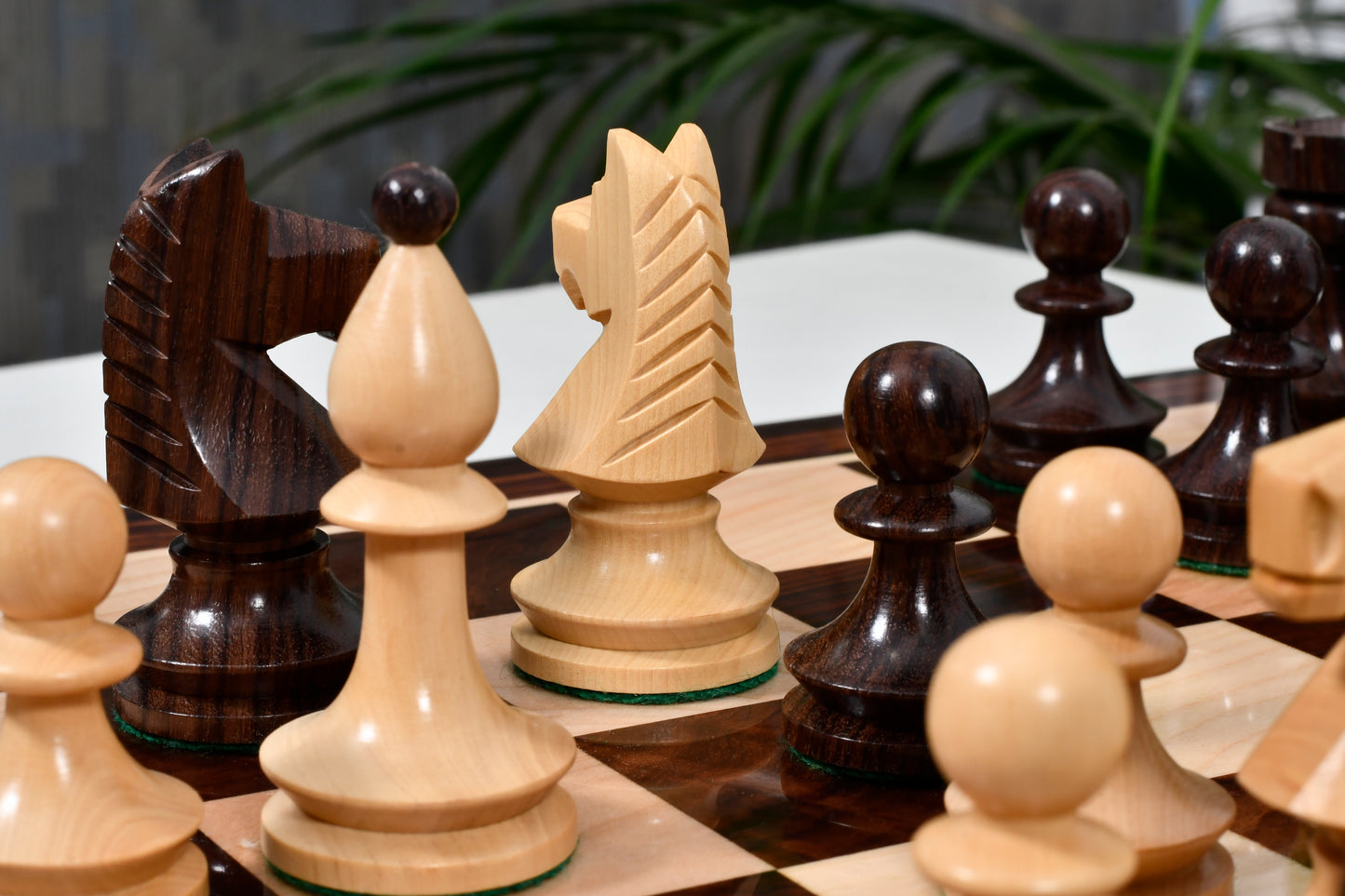 Combo of Reproduced Romanian-Hungarian National Tournament Weighted Chess Pieces in Indian Rosewood & Natural Boxwood - 3.8" King with Wooden Chess Board