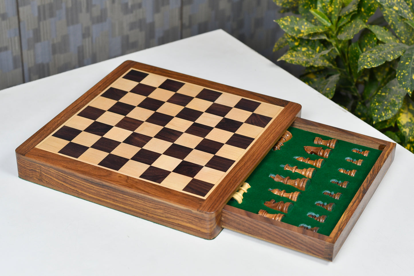 12-Inch Magnetic Travel Chess Set with Drawer Storage – Matte Finish Rosewood, Extra Queens