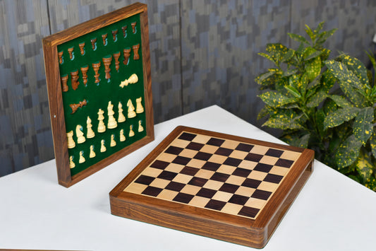 12-Inch Magnetic Travel Chess Set with Drawer Storage – Matte Finish Rosewood, Extra Queens