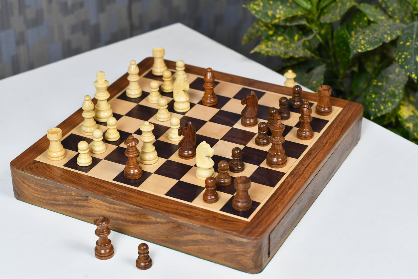 12-Inch Magnetic Travel Chess Set with Drawer Storage – Matte Finish Rosewood, Extra Queens