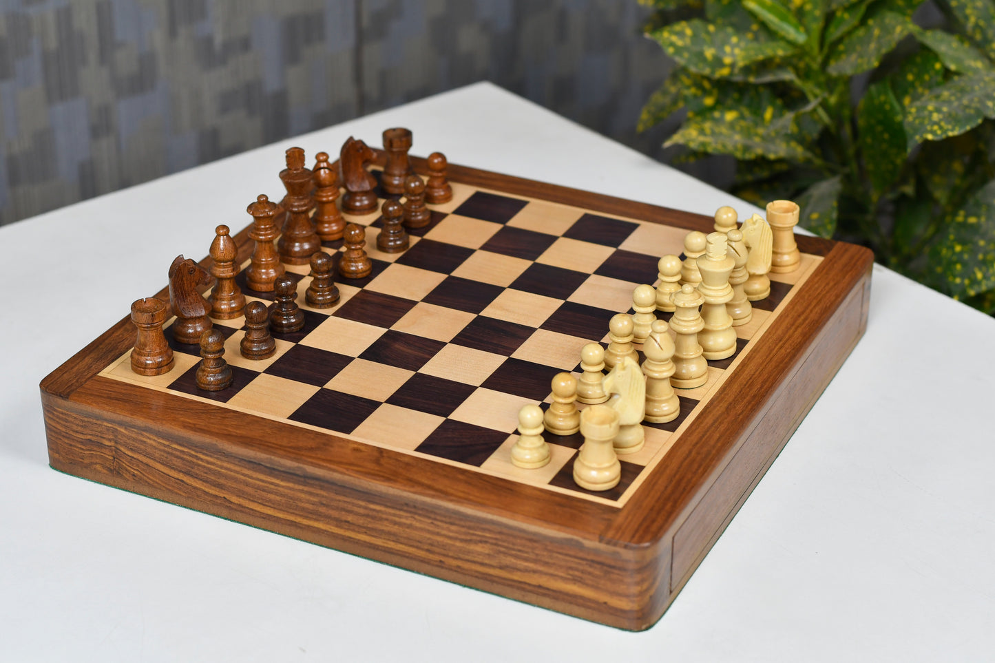 12-Inch Magnetic Travel Chess Set with Drawer Storage – Matte Finish Rosewood, Extra Queens