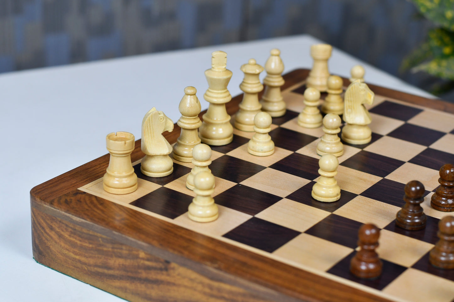 12-Inch Magnetic Travel Chess Set with Drawer Storage – Matte Finish Rosewood, Extra Queens