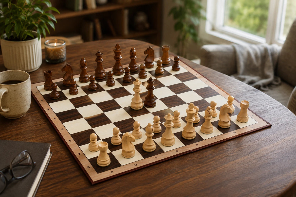 Combo of Tournament Series Staunton Chess Pieces with German Knight in Sheesham & Box Wood - 3.75" King with Folding Cardboard Chess Board & Storage Pouch