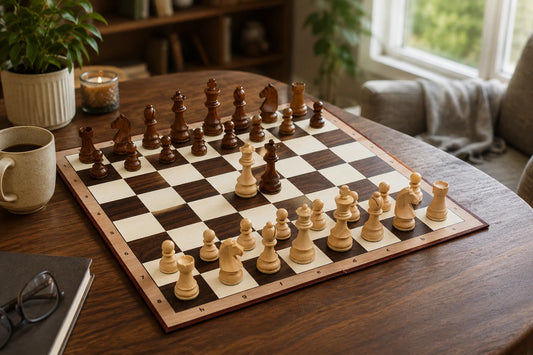 Combo of Tournament Series Staunton Chess Pieces with German Knight in Sheesham & Box Wood - 3.75" King with Folding Cardboard Chess Board & Storage Pouch