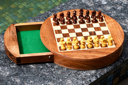Travel Series Round Magnetic Chess Set in Sheesham & Maple-9"