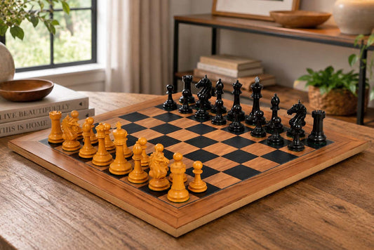 Combo of The Ancient Indian Warrior Staunton Luxury Series Chess Pieces in Ebony / Antiqued Box Wood - 4" King with Wooden Chessboard