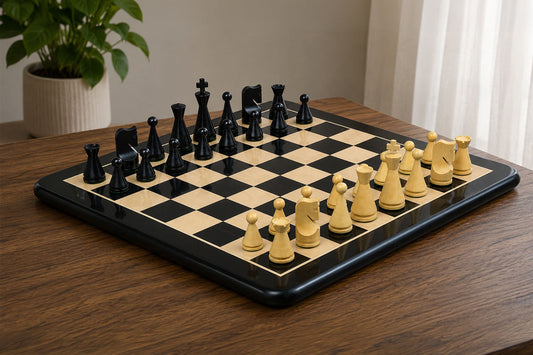 Combo of The Classic Series Cone Shaped Chess Pieces in Ebonized Boxwood & Natural Boxwood - 4.09" King with Wooden Chess Board