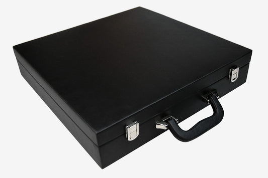 Black Leatherette Chess Set Storage Box Coffer for up to 15" Chessboard and Slots for Chess Pieces up to 3.0"