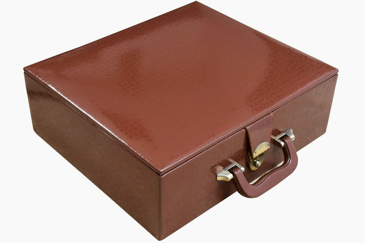 Brown Leatherette Chess Set Coffer Storage Box with Hi-Gloss Crocodile Pattern Finish for 4.2" - 4.7" Pieces