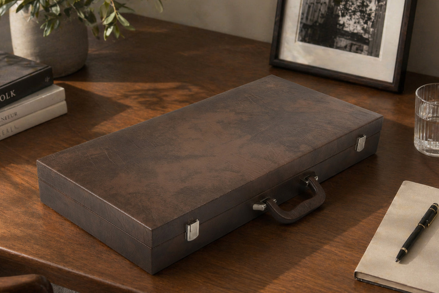 Leatherette Chess Set Briefcase Storage Box Coffer (Brown Color) with Fixed Slots for 3.75" - 4" Pieces