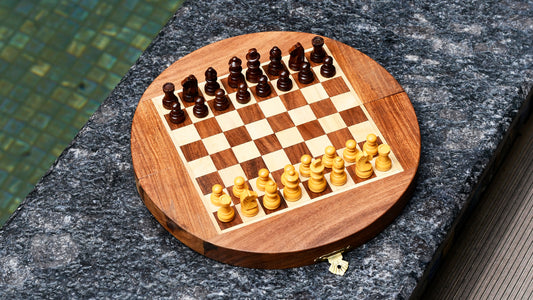 Travel Series Folding Magnetic Round Shape Chess Set In Sheesham wood and Maple-8- 3/4"