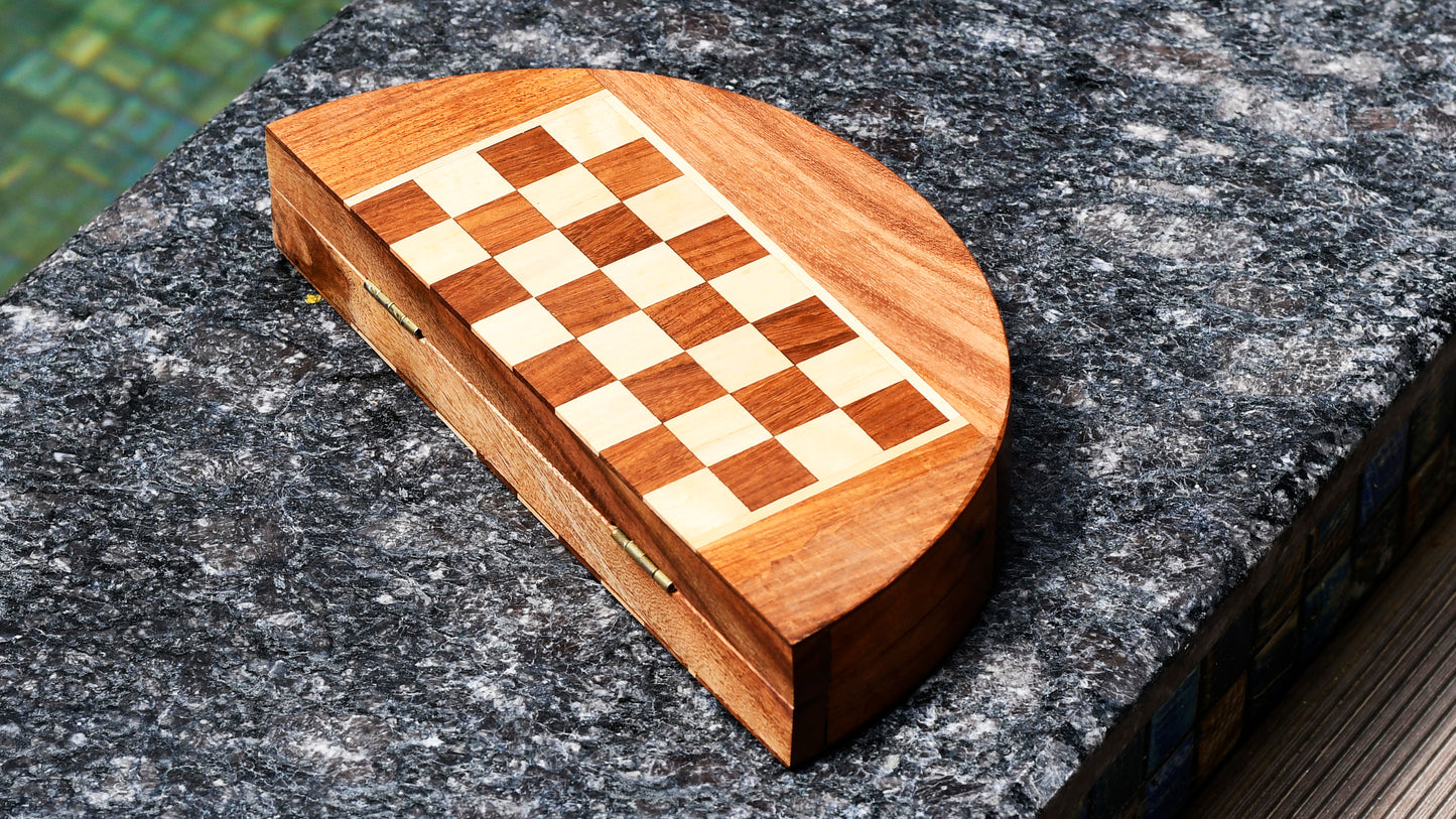 Travel Series Folding Magnetic Round Shape Chess Set In Sheesham wood and Maple-8- 3/4"