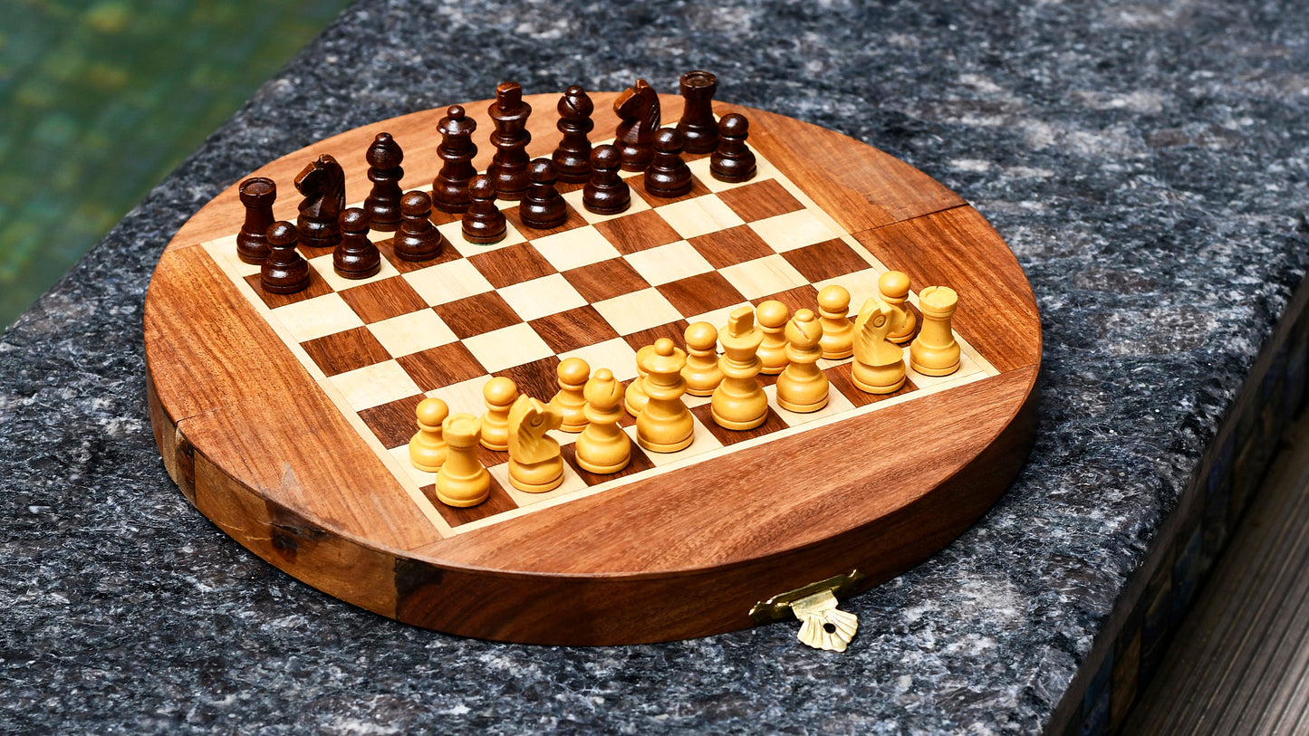 Travel Series Folding Magnetic Round Shape Chess Set In Sheesham wood and Maple-8- 3/4"