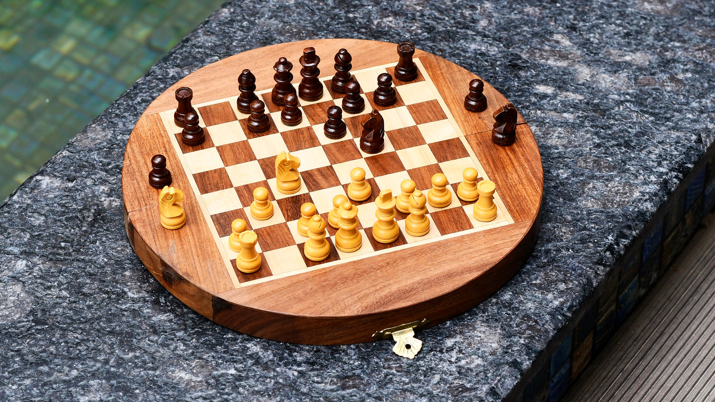 Travel Series Folding Magnetic Round Shape Chess Set In Sheesham wood and Maple-8- 3/4"