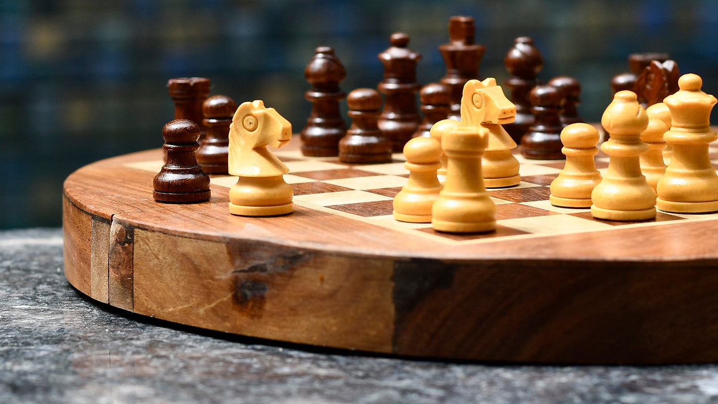 Travel Series Folding Magnetic Round Shape Chess Set In Sheesham wood and Maple-8- 3/4"