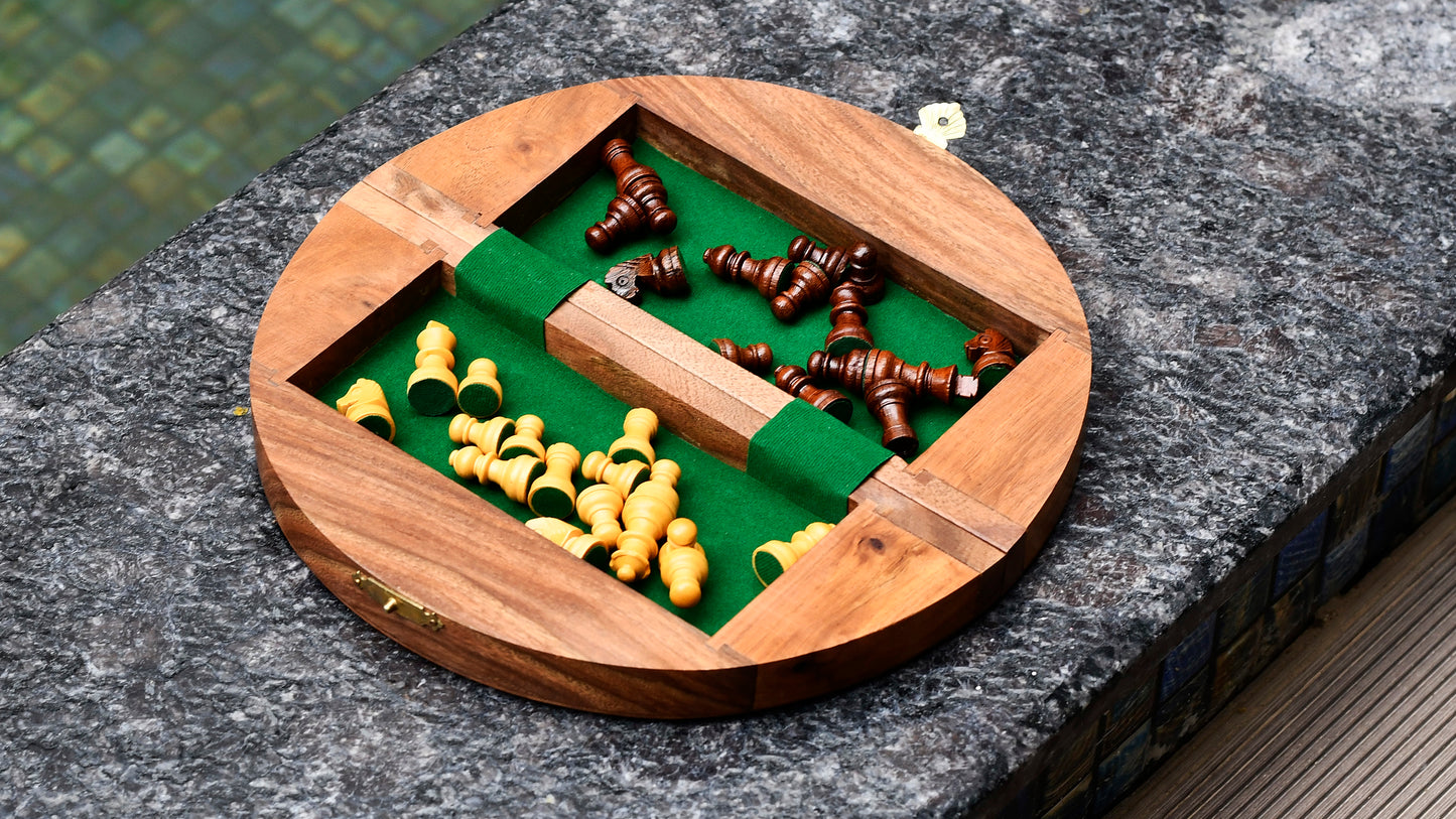 Travel Series Folding Magnetic Round Shape Chess Set In Sheesham wood and Maple-8- 3/4"