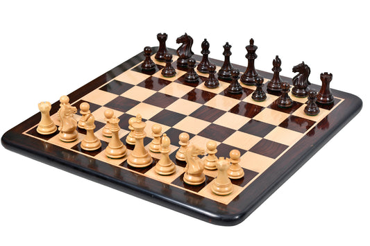 COMBO OF FIERCE KNIGHT STAUNTON SERIES CHESS PIECES IN ROSEWOOD & BOX WOOD - 4.1" KING WITH WOODEN CHESS BOARD -  21"