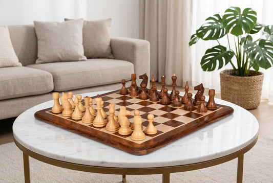 Combo of Reproduced 1961 Soviet Championship Baku Chess Pieces in Sheesham / Box wood - 4” King with Wooden Chess Board