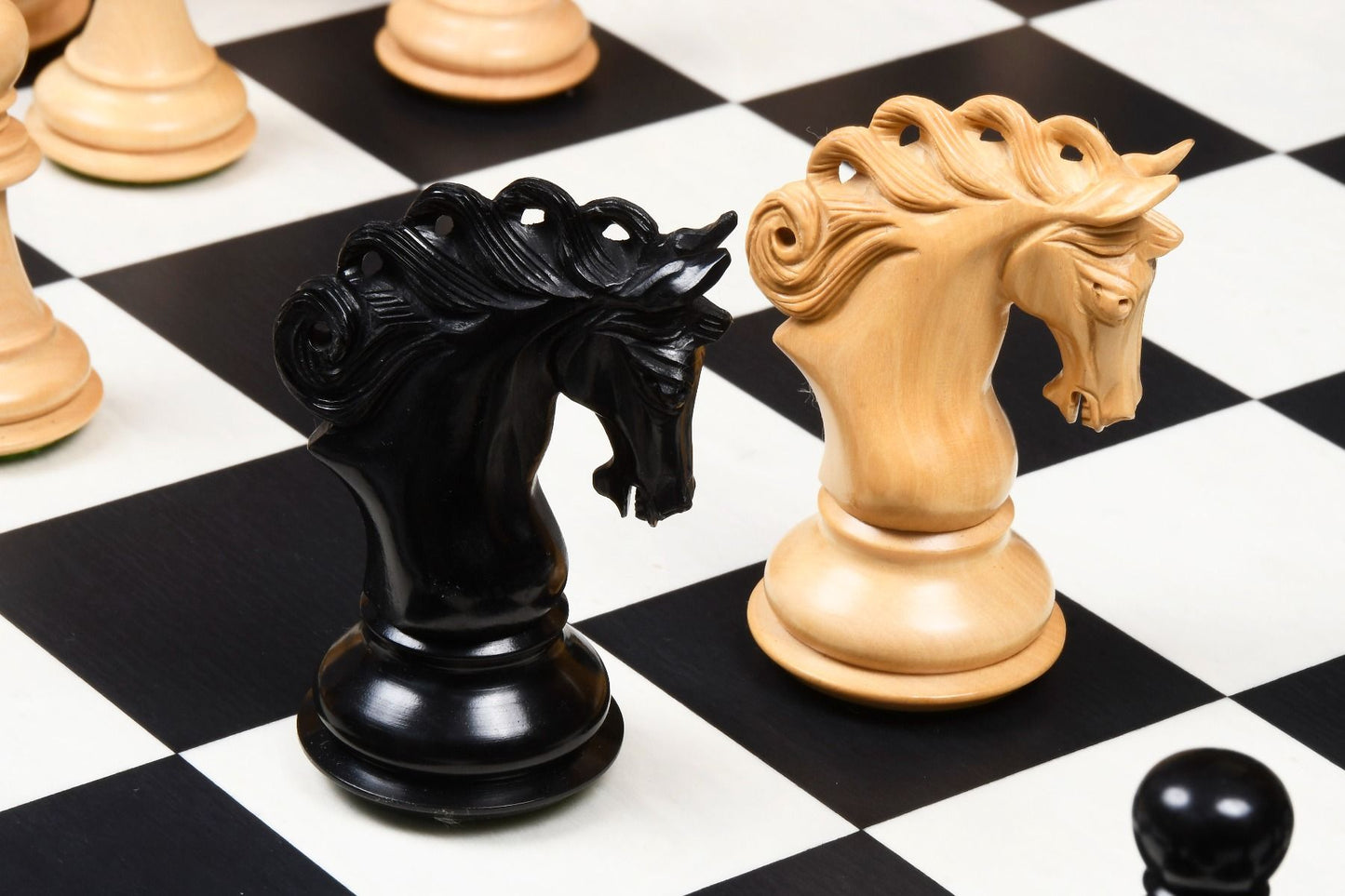 Combo of The Pegasus Series Artisan Staunton Chess Pieces ver 2.0 in Ebony / Boxwood - 4.6" King with Minimalist Veneer Wooden Chess Board 19"