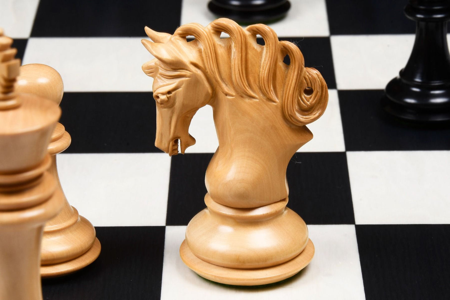 Combo of The Pegasus Series Artisan Staunton Chess Pieces ver 2.0 in Ebony / Boxwood - 4.6" King with Minimalist Veneer Wooden Chess Board 19"