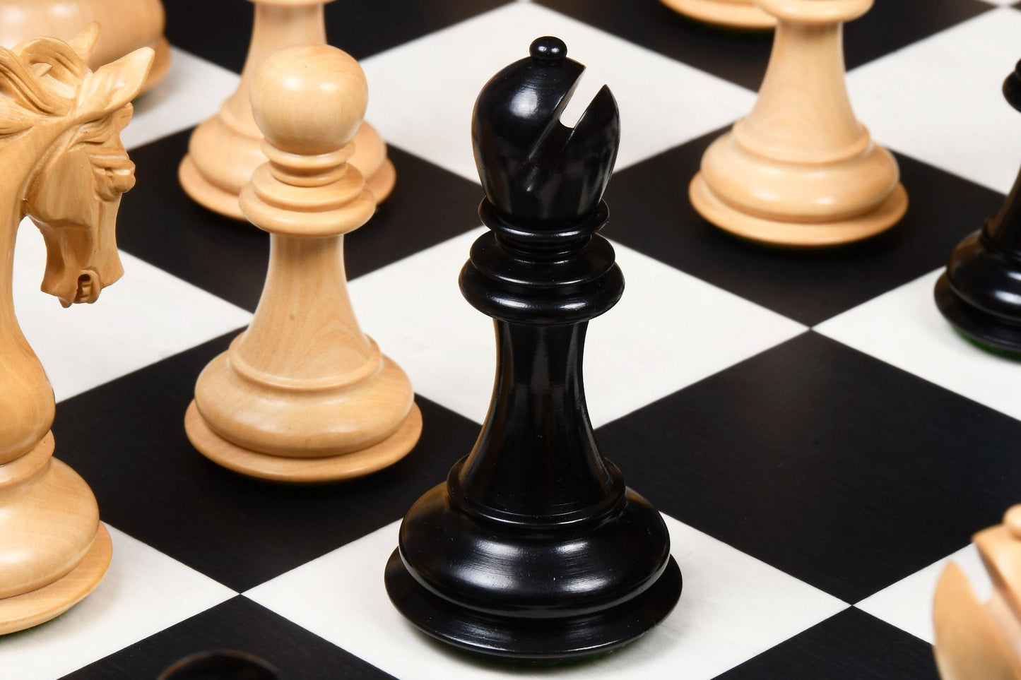 Combo of The Pegasus Series Artisan Staunton Chess Pieces ver 2.0 in Ebony / Boxwood - 4.6" King with Minimalist Veneer Wooden Chess Board 19"