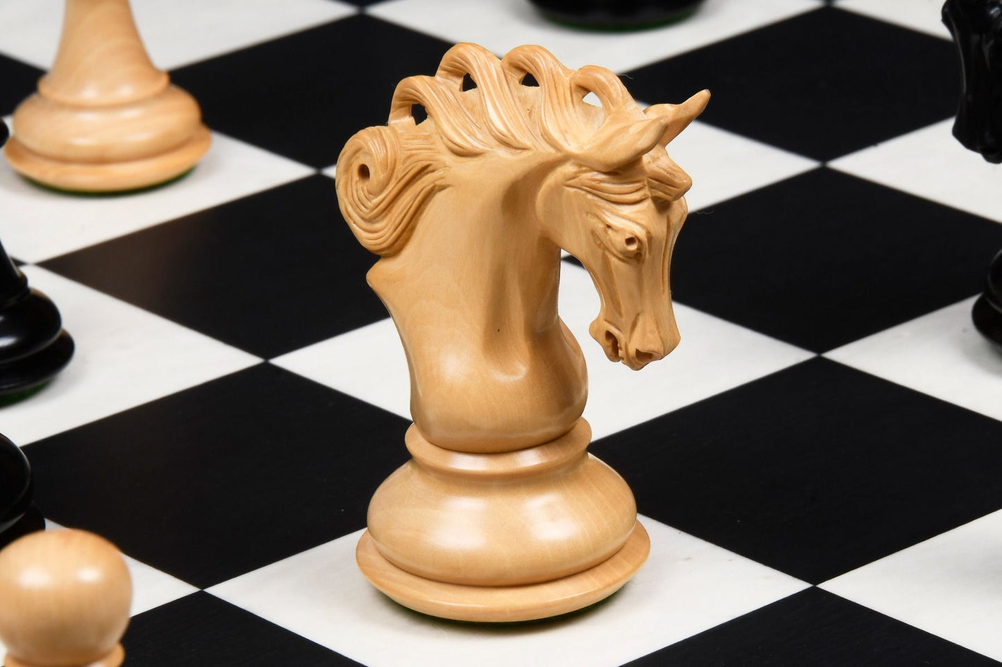 Combo of The Pegasus Series Artisan Staunton Chess Pieces ver 2.0 in Ebony / Boxwood - 4.6" King with Minimalist Veneer Wooden Chess Board 19"