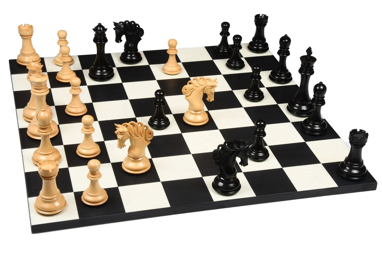 Combo of The Pegasus Series Artisan Staunton Chess Pieces ver 2.0 in Ebony / Boxwood - 4.6" King with Minimalist Veneer Wooden Chess Board 19"