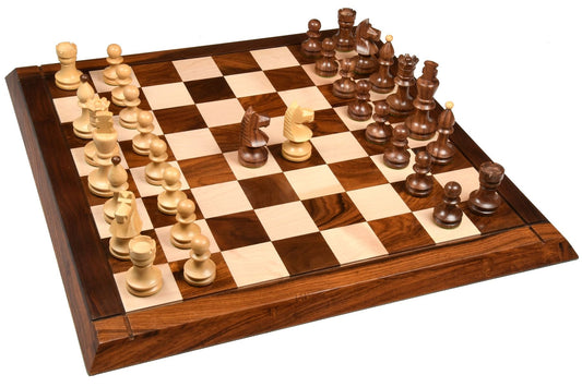 Combo of Reproduced Romanian-Hungarian National Tournament Chess Pieces in Sheesham & Boxwood - 3.8" King with Wooden Chess Board - 21"