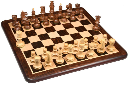 Combo of Reproduced Romanian-Hungarian National Tournament Chess Pieces in Sheesham & Boxwood - 3.8" King with Wooden Rosewood Chess Board - 20"