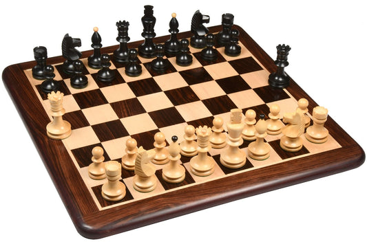 COMBO OF REPRODUCED ROMANIAN-HUNGARIAN NATIONAL TOURNAMENT CHESS PIECES IN EBONIZED & NATURAL BOXWOOD - 3.8" KING WITH WOODEN ROSEWOOD CHESS BOARD - 20"