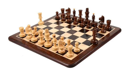 Combo of Reproduced Romanian-Hungarian National Tournament Weighted Chess Pieces in Indian Rosewood & Natural Boxwood - 3.8" King with Wooden Chess Board