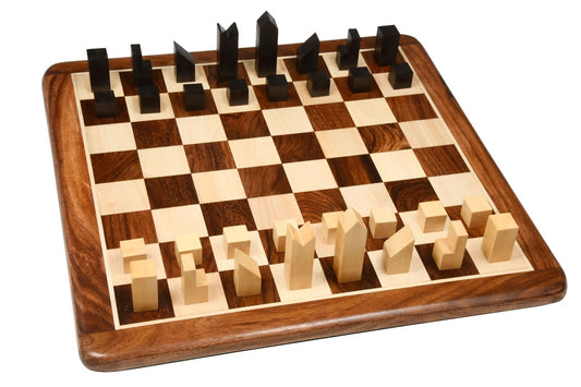 Combo of Reproduced Minimalist Chess Pieces in Ebonized Boxwood - 2.79" King with Wooden Chess Board