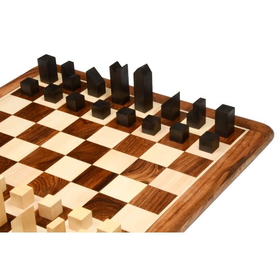 Combo of Reproduced Minimalist Chess Pieces in Ebonized Boxwood - 2.79" King with Wooden Chess Board