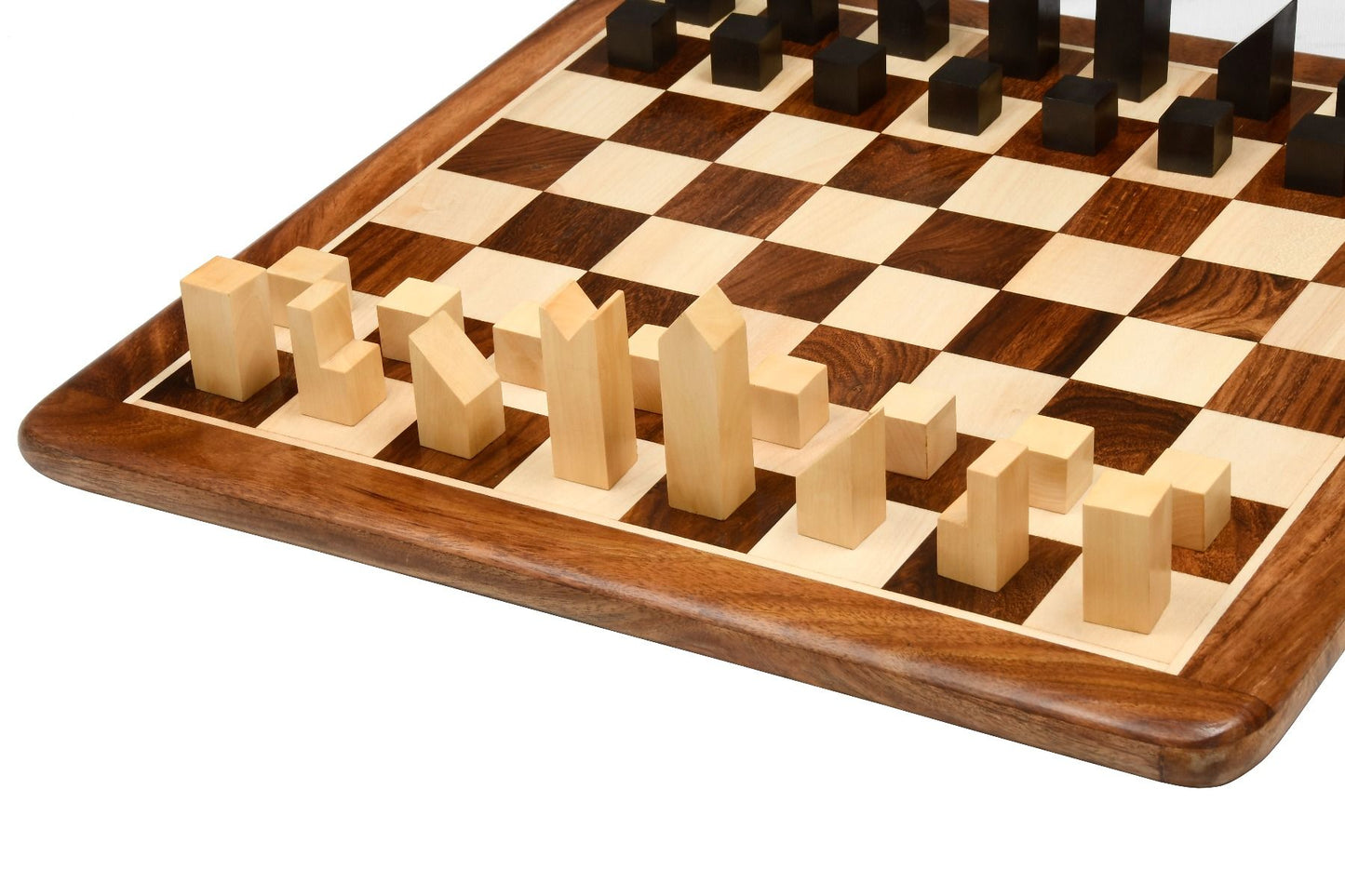 Combo of Reproduced Minimalist Chess Pieces in Ebonized Boxwood - 2.79" King with Wooden Chess Board