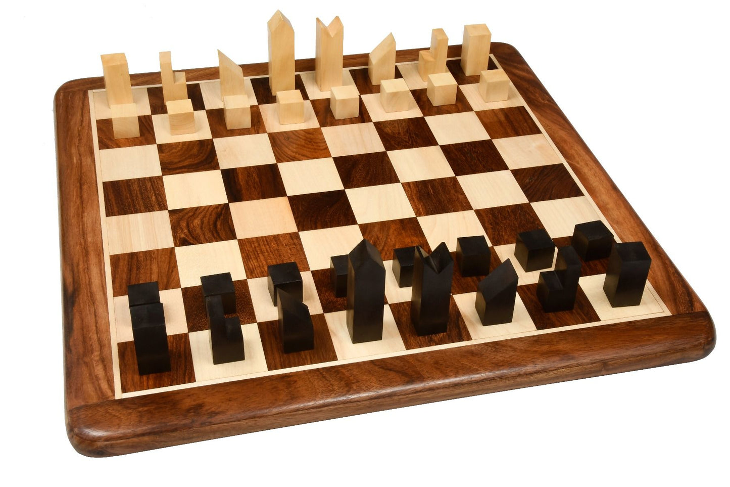 Combo of Reproduced Minimalist Chess Pieces in Ebonized Boxwood - 2.79" King with Wooden Chess Board