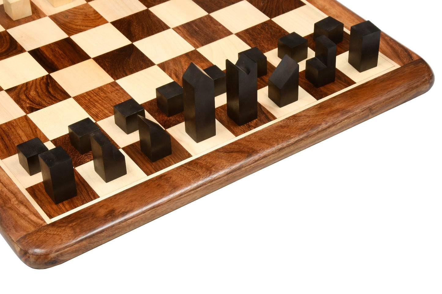 Combo of Reproduced Minimalist Chess Pieces in Ebonized Boxwood - 2.79" King with Wooden Chess Board