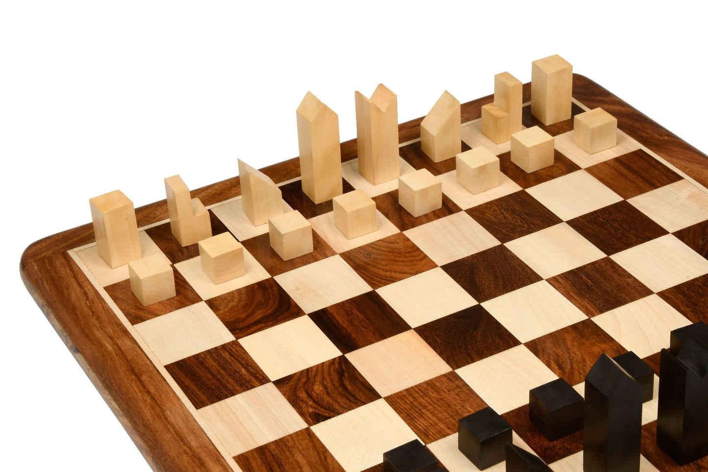 Combo of Reproduced Minimalist Chess Pieces in Ebonized Boxwood - 2.79" King with Wooden Chess Board