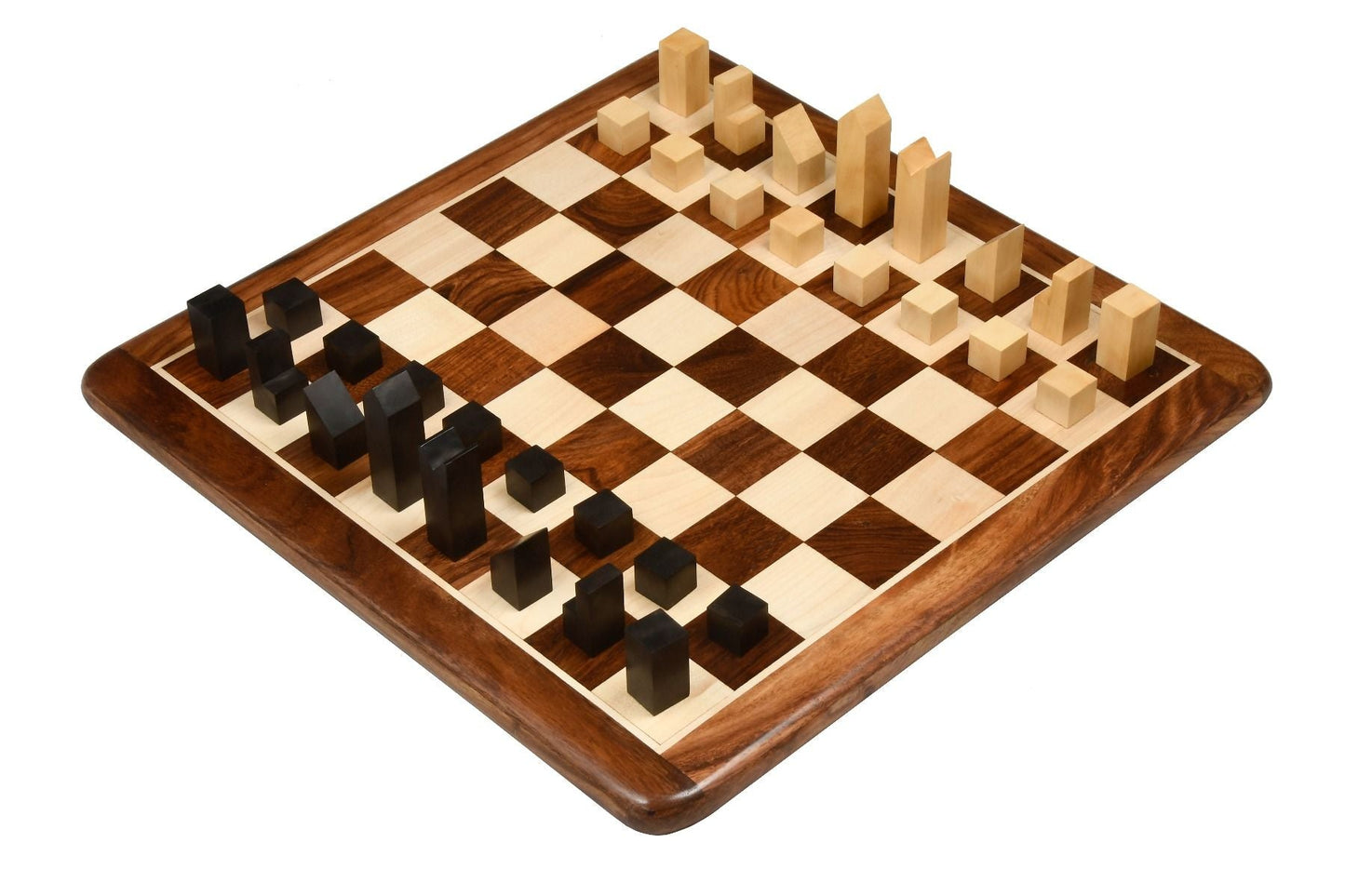 Combo of Reproduced Minimalist Chess Pieces in Ebonized Boxwood - 2.79" King with Wooden Chess Board