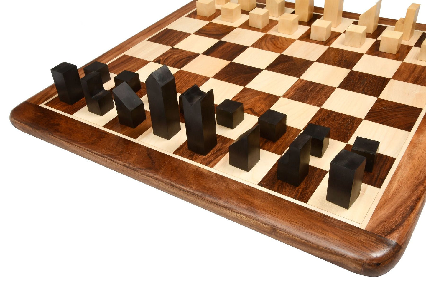 Combo of Reproduced Minimalist Chess Pieces in Ebonized Boxwood - 2.79" King with Wooden Chess Board