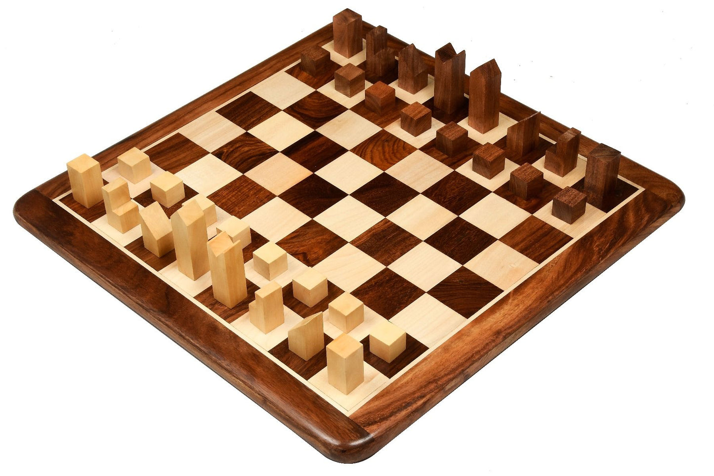 Combo of Reproduced Minimalist Chess Pieces in Sheesham & Boxwood - 2.79" King with Wooden Chess Board