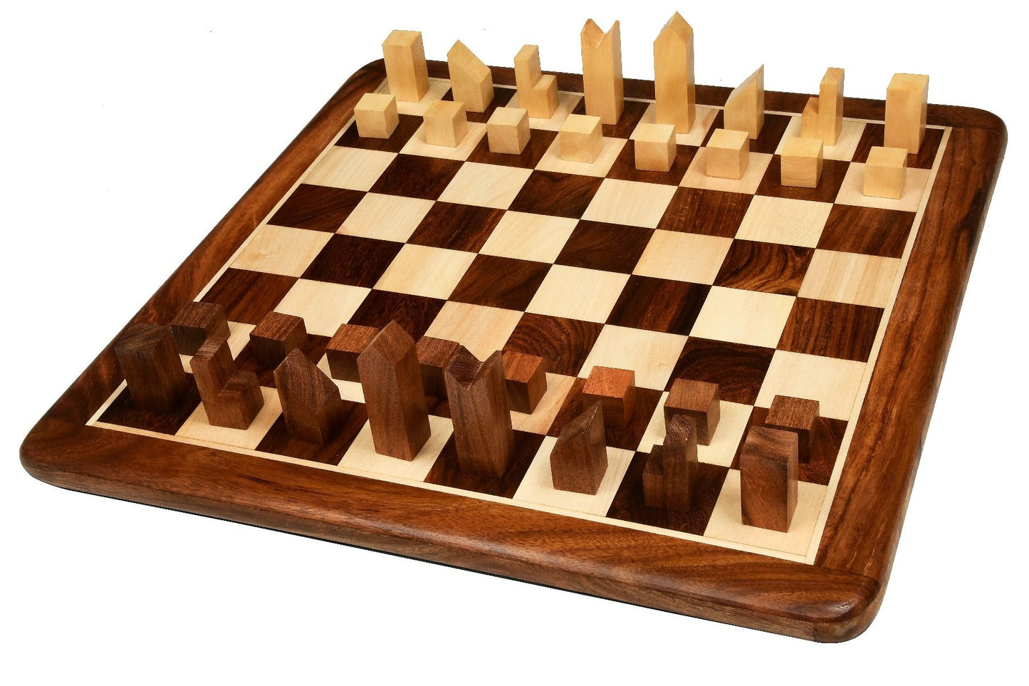 Combo of Reproduced Minimalist Chess Pieces in Sheesham & Boxwood - 2.79" King with Wooden Chess Board