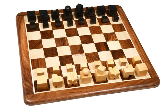 Combo of Reproduced 1924 Bauhaus Geometrical Abstract Chessmen in Ebonized Boxwood - 1.9" King with Wooden Chess Board