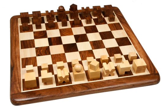 Combo of Reproduced 1924 Bauhaus Geometrical Abstract Chessmen in Sheesham and Boxwood - 1.9" King with Wooden Chess Board